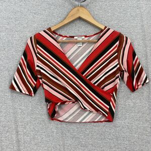 Forever 21 Blouse Womens Medium Red Striped Cropped Criss Cross Front Stretch